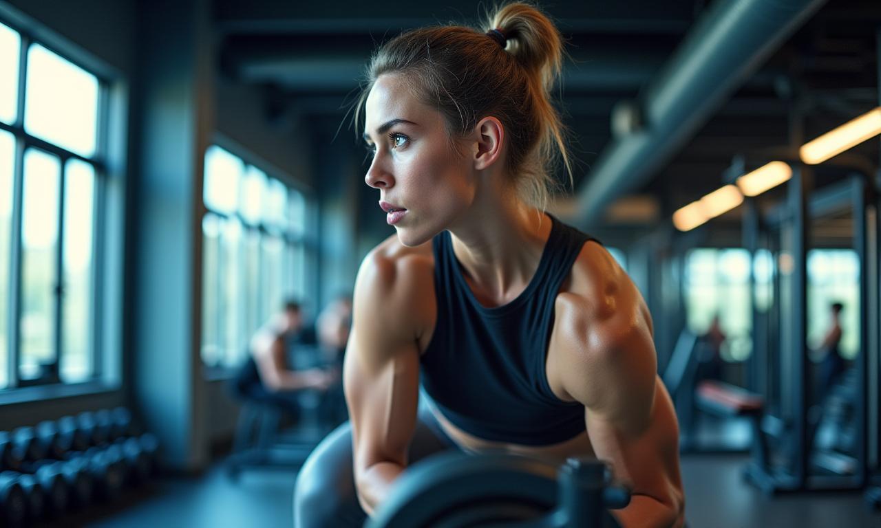 Atleta che si allena con determinazione in una palestra moderna e luminosa di Miraggio Fitness.