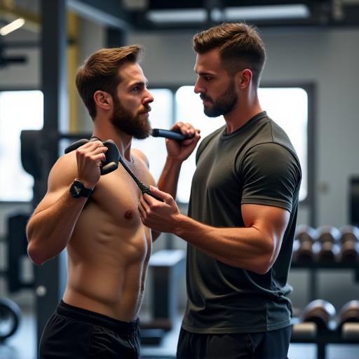 Personal Trainer professionista che assiste un cliente con un esercizio di allenamento con i pesi.